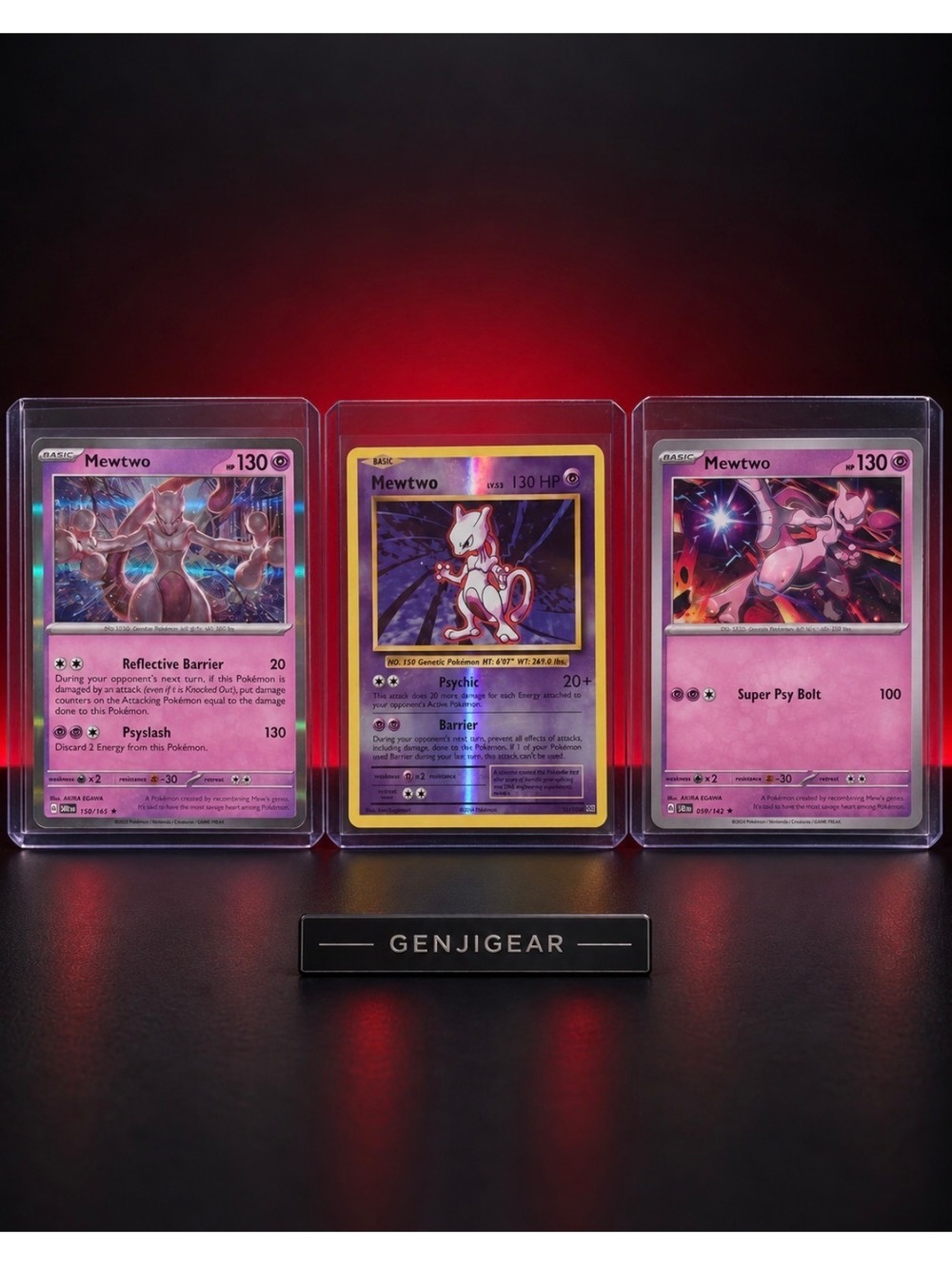 Set of 3 Mewtwo Pokemon Cards - Rare Collectible - Genjigear Display